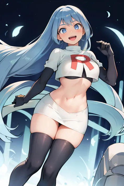 nejire hado, 1girl, solo, long hair, breasts, looking at viewer, smile, open mouth, bangs, blue eyes, medium breasts, very long hair, blue hair, :d, team rocket,team rocket uniform,white skirt,crop top,black thigh-highs,black elbow gloves