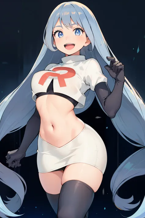 nejire hado, 1girl, solo, long hair, breasts, looking at viewer, smile, open mouth, bangs, blue eyes, medium breasts, very long hair, blue hair, :d, team rocket,team rocket uniform,white skirt,crop top,black thigh-highs,black elbow gloves