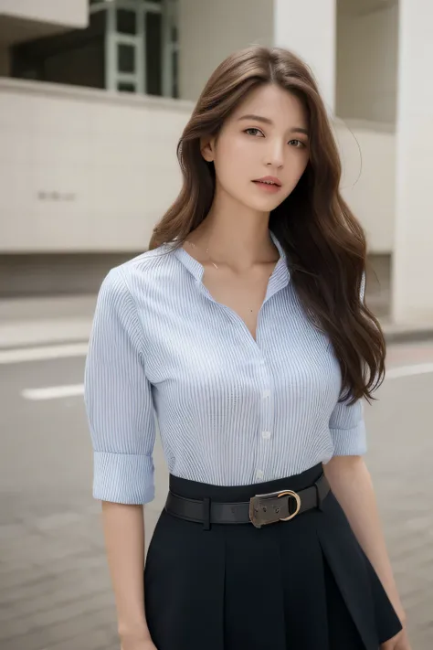 (highest quality, High resolution, masterpiece: 1.3), tall and beautiful woman, thin abs, Dark brown hair and loose wavy styling, big breasts, Open grooves, wearing a pendant, White buttoned shirt, belt, black skirt, (Modern architecture in background), Th...