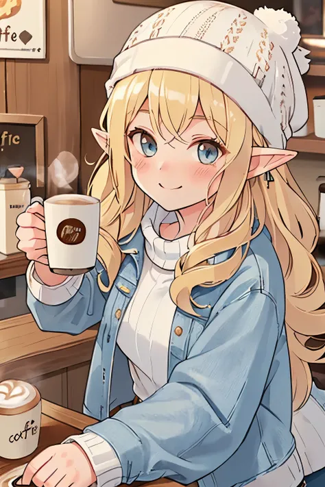 (blonde:1.25),(long hair with curls:1.25),(With bangs),(white knit hat:1.3),(denim jackets:1.3),(coffee shop:1.35),(hot coffee:1.4),(blush),(Slightly smile:1.35),(leaning forward:1.2),(mug cup:1.35),(elf ears:1.3),(ears are long:1.2)