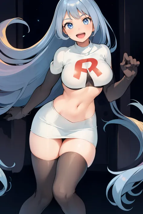 nejire hado, 1girl, solo, long hair, breasts, looking at viewer, smile, open mouth, bangs, blue eyes, medium breasts, very long hair, blue hair, :d, team rocket,team rocket uniform,white skirt,crop top,black thigh-highs,black elbow gloves