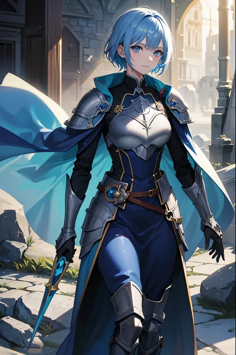 anime, Middle Ages, young woman, stone with magic light on hand, uses magic, slight grin on his face, blue short hair, different eye colors, scar on face, in blue clothes, armor on arms and legs, shoulder pads with patterns, Blue cloak