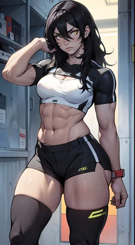 expressionless sad girl muscular girl thick girl pale skin girl black hair girl yellow eyes girl skindentation midriff navel abs flat chest girl long hair hair between eyes perfect anatomy 