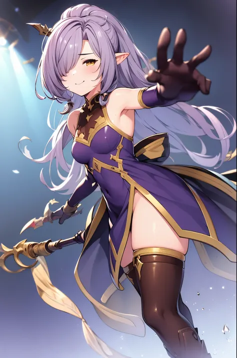 1girl, black_thighhighs, boots, closed_mouth, commentary_request, granblue_fantasy, hair_over_one_eye, niyon_(granblue_fantasy), outstretched_arm, pointy_ears, purple_background, shouni_(sato3), simple_background, smile, solo, star_(symbol), thigh_boots, t...