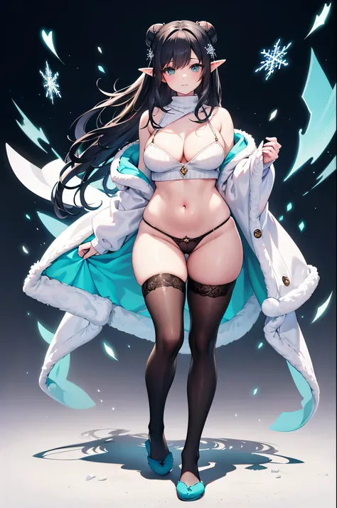 Detail image, realistic image, 1 elf. She has long black hair in a bun, large turquoise eyes, a delicate oval face, medium breasts and a curvy figure. She is wearing an off-shoulder sweater, thin thong, moccasin slippers, stockings to mid-thigh. snowflakes...