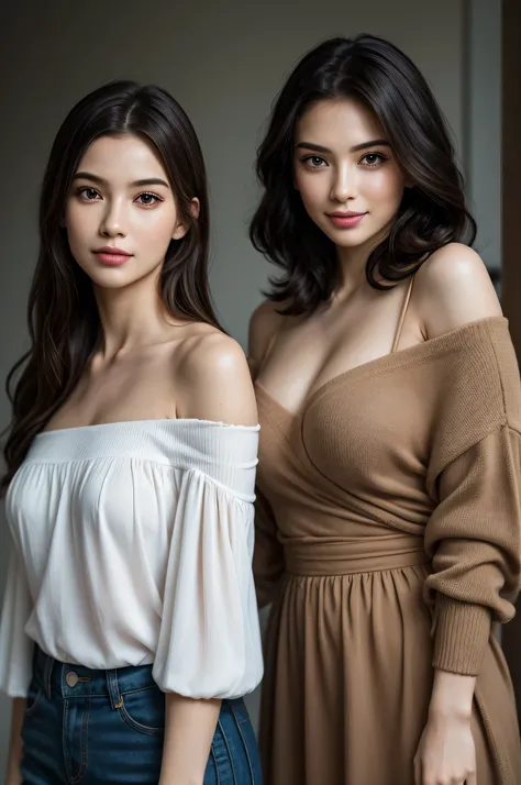 (2young girls),  (Ultra realistic), (Off-shoulder with very loose breasts),  upper body,  caute smile,  (best quality:1.4),  Raw photo,  (realistic,  photo-realistic:1.37),  professional photography,  cinematic light,  (fine face: 1.2)