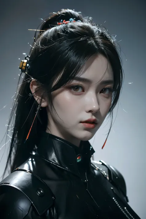 Game art，The best picture quality，Highest resolution，8K，((A bust photograph))，((Portrait))，((Head close-up))，(Rule of thirds)，Unreal Engine 5 rendering works， (The Girl of the Future)，(Female Warrior)， 22岁少女，(Female hackers)，(Rainbow hair，Ancient Oriental ...