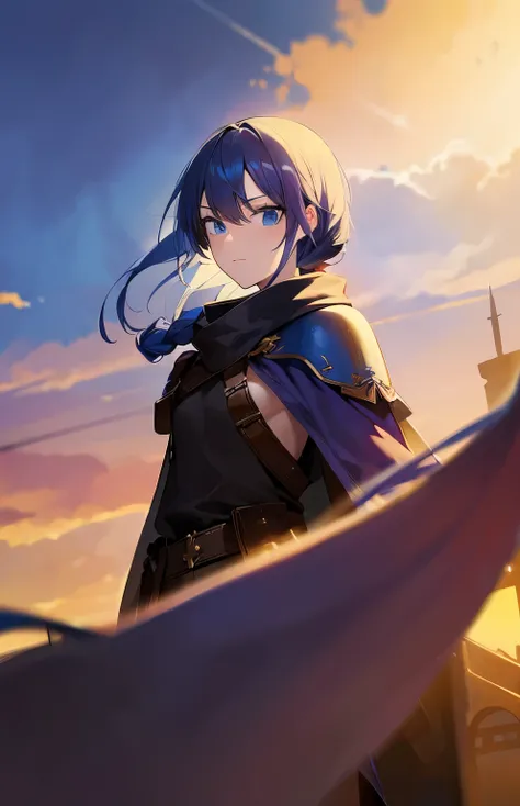 1girl, blue eyes, sky-blue hair, braided hair, short hair, ((fantasy)), steampunk, traveler, wind blade, lost, cloak, magic, inventor, astronomy, badass 