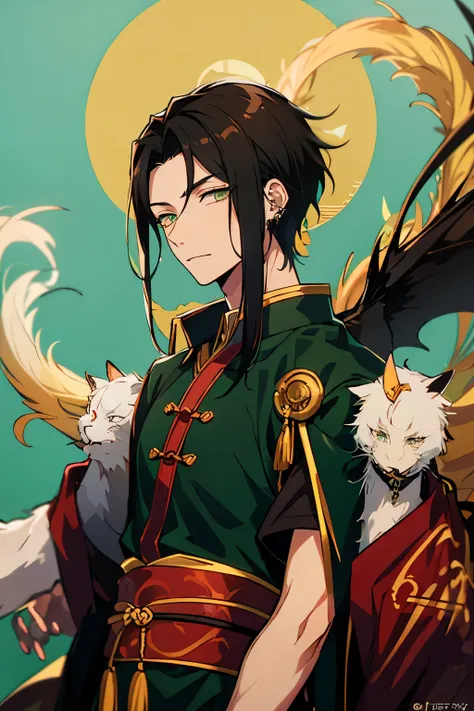 one male character, based on chinese dragons, tall, handsome, black clothes with golden details in clothing, jade jewlery, long ...