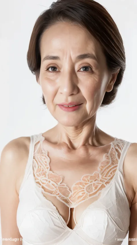 ((fractal art)), (((masterpiece))), 8k, clear image, (((alone))), (((old older korean milf))), pure white background, lower your arms, wear a flashy bra, gravure, facing the front, ((Elderly mature woman with an old face)), describe the lips correctly,red ...