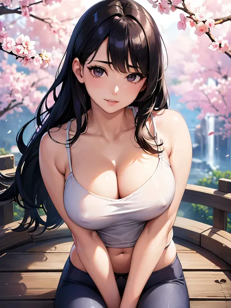 best quality,ultra-detailed,(realistic,photorealistic:1.37),portrait,(illustration,ink drawing),beautiful detailed eyes,beautiful detailed lips,detailed face,pink cherry blossoms in the background,long flowing black hair,traditional Japanese clothing,katan...