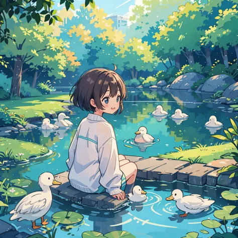 Morning park、A girl watching over a family of spot-billed ducks swimming in a pond、smile、sunlight filtering through the foliage、synchrotron radiation、Taken from the side