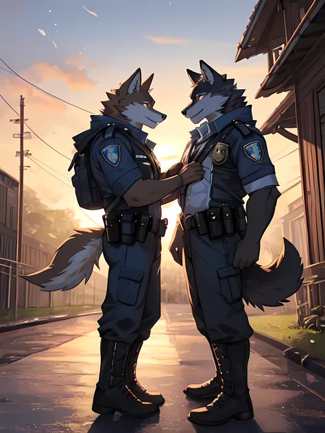 Furry,two wolves,Male,Standing looking at each other in the pouring rain,Detailed, realistic colored eyes,One wolf had completely black fur and the other had white fur.,Wear a police uniform,Behind is the road.,The sun is set.,8k,hdr