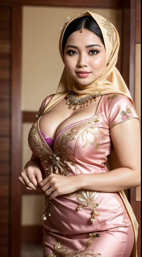 cowboy_pose,naughty, (iu:0.8),cleavage, RAW, Best quality, high resolution, Masterpiece: 1.3, Beautiful malay pearl_skinned sexy hijabi javanese kebaya wedding batik, Masterpiece, Soft smile, big brest.