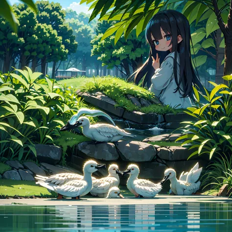 Morning park、A girl watching over a family of spot-billed ducks swimming in a pond、smile、sunlight filtering through the foliage、synchrotron radiation、Taken from the side