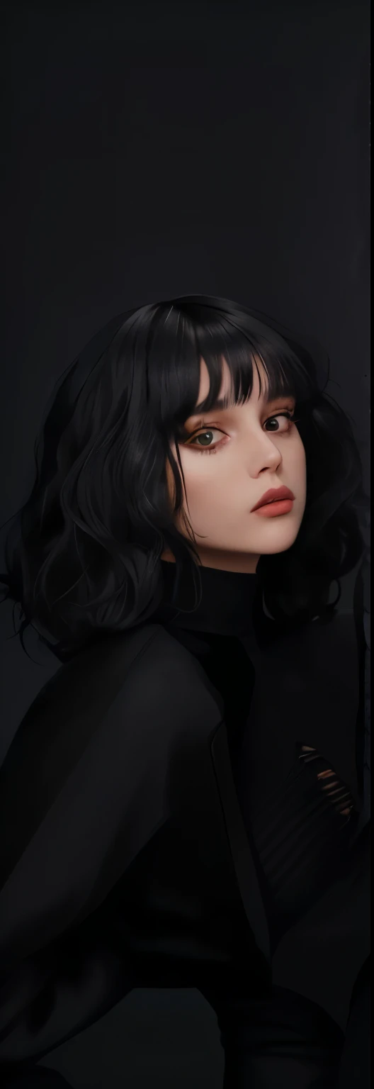 20-year-old girl, wavy bob hair with bangs, the fringe of her hair is very thin, she is wearing a black turtleneck with long sleeves, photo shoot, fashion editorial, close-up of her bust and face.