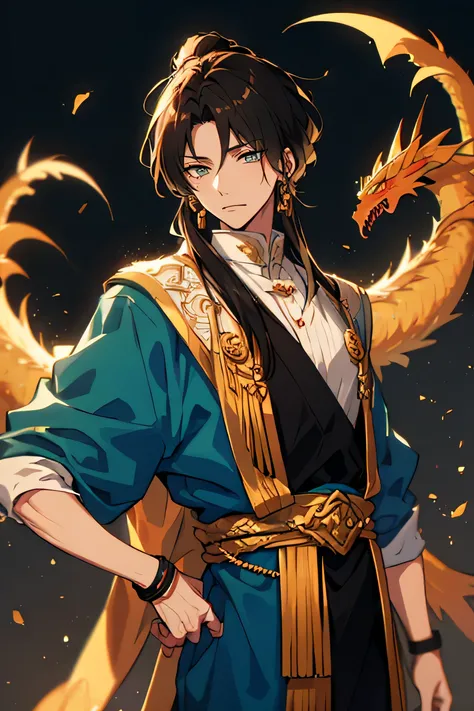 One male character, based on chinese dragons, tall, handsome, black clothes with golden details in clothing, jade jewlery, long beautiful black hair, light green eyes, sharp eyes, ikemen, bishonen, soft colors, pretty boy, red traditional eyeliner, dragon ...