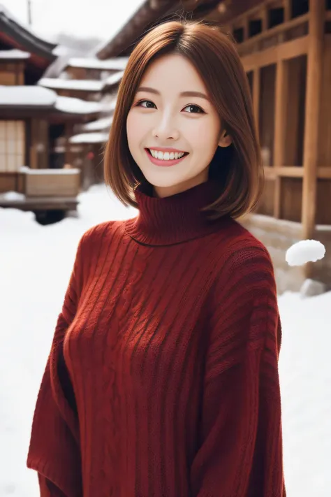 Hostess Face、turtleneck wool sweater、high quality、surreal、healthy、smile、Perfect slender figure、beauty of japan、 perfect eyes、beautiful skin、Upper body、Snow Town