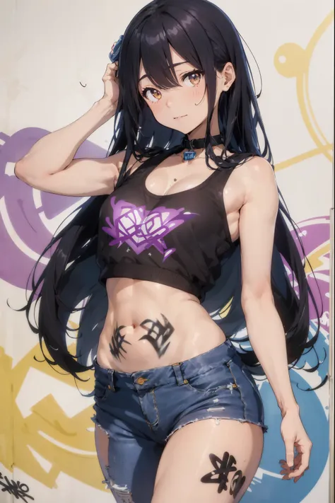 Ayaka Kamisato|Genshin Impact, masterpiece, best quality, 1 girl,25 years old, Proportional body, Lengthen the legs, beautiful, Proportional., crop top, long jeans, medium breasts, ,only, crop top, collar, (Graffiti:1.5), Splash with purple lightning patte...