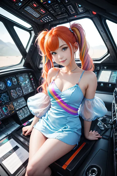 (overhead view) Cute redhead with rainbow colored hair tips, ribbons in her hair, 18-year-old woman, happy, smiling, in twin tails, perfect eyes, clear sparkling blue eyes, pale skin, silky smooth skin, flying a fancy metal luxurious space ship, futuristic...