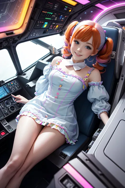 (overhead view) Cute redhead with rainbow colored hair tips, ribbons in her hair, 18-year-old woman, happy, smiling, in twin tails, perfect eyes, clear sparkling blue eyes, pale skin, silky smooth skin, flying a fancy metal luxurious space ship, futuristic...