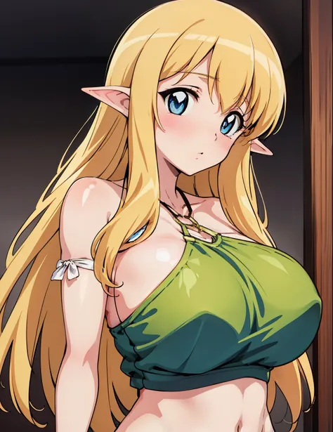 (masterpiece, best quality, high resolution, anime colored, anime screencap, 8k, detailed, photorealistic), tifania, The Familiar of Zero, blue eyes, blush, elf, long hair, large breasts, pointy ears, blonde hair, sideboob, green clothes, (upper body:1.5),...