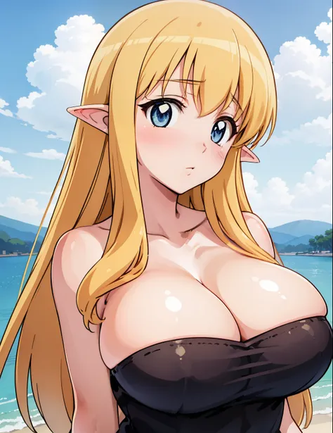 (masterpiece, best quality, high resolution, anime colored, anime screencap, 8k, detailed, photorealistic), tifania, The Familiar of Zero, blue eyes, blush, elf, long hair, large breasts, pointy ears, blonde hair, sideboob, green clothes, no bra, (upper bo...