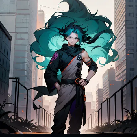 Teal Hair , Wavy Hair , Long Hair , Messy Hair , Spiky Hair ,Madara Uchiha Costume, Grey Eyes , Standing on Path , Halloween Modern City Background , Teen Male , Muscular