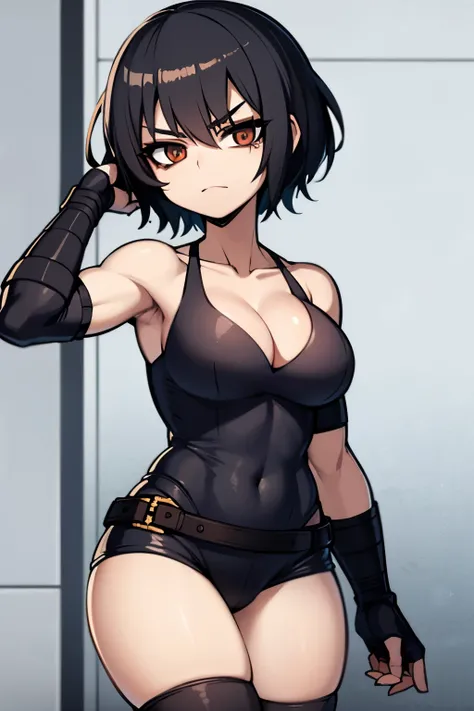 Anime style image of a girl with short black hair, she has an eyepatch over her left eye, she is muscular and her right arm is full of bandages. 