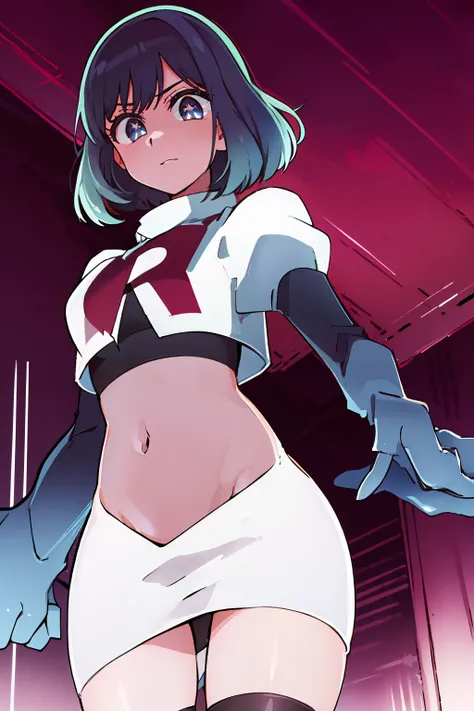 kurokawaakane(1zgame),1girl, solo,stage,looking at viewer,8k, beautiful lighting,symbol-shaped_pupils, sparkling_eyes, star-shaped_pupils, star_(symbol), team rocket,team rocket uniform,white skirt,crop top,black thigh-highs,black elbow gloves