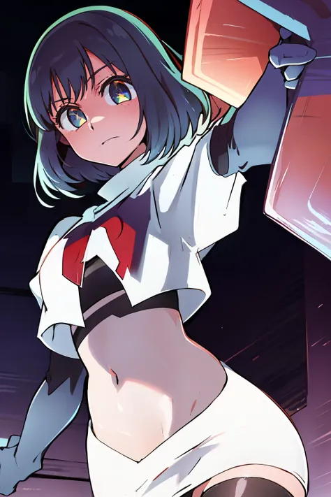 kurokawaakane(1zgame),1girl, solo,stage,looking at viewer,8k, beautiful lighting,symbol-shaped_pupils, sparkling_eyes, star-shaped_pupils, star_(symbol), team rocket,team rocket uniform,white skirt,crop top,black thigh-highs,black elbow gloves