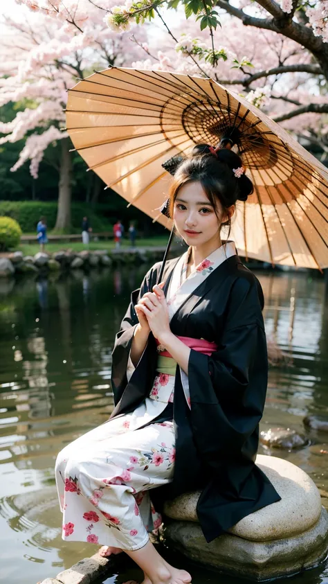  a close up girls with kimono holding wagasa umbrella sitting on the rock in sakura lake ultra realistic 