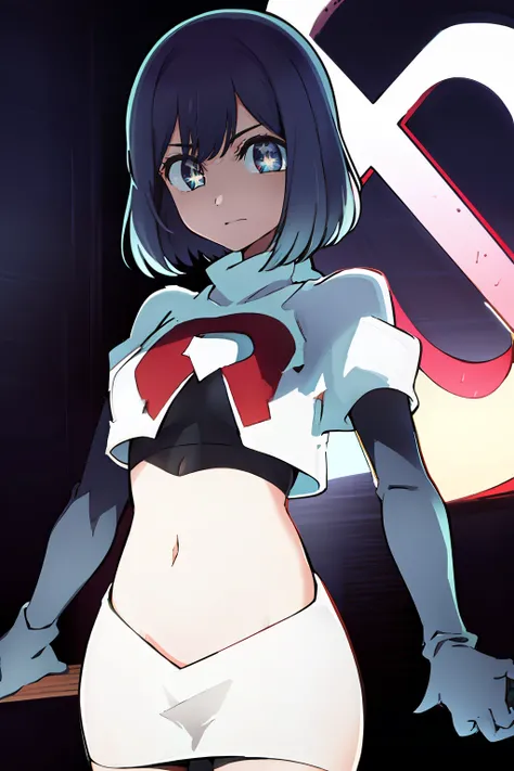 kurokawaakane(1zgame),1girl, solo,stage,looking at viewer,8k, beautiful lighting,symbol-shaped_pupils, sparkling_eyes, star-shaped_pupils, star_(symbol), team rocket,team rocket uniform,white skirt,crop top,black thigh-highs,black elbow gloves