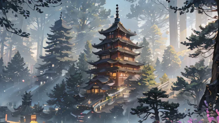 Masterpiece, best quality, high quality, extremely detailed CG unity 8k wallpaper, Hangzhou pagoda with ancient Chinese aesthetics, surrounded by ancient buildings and temples in Chinese style, trees and landscapes are composed of picturesque scenery, pano...