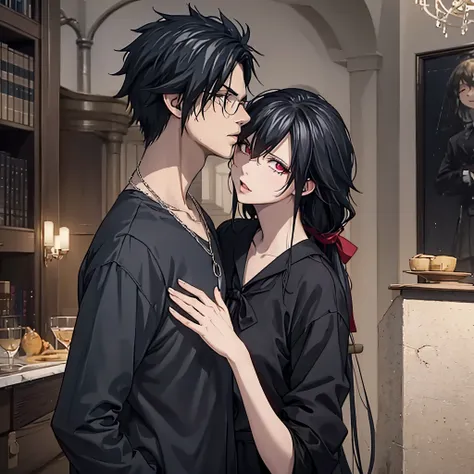 a man kissing a woman (eye red) on the mouth in black casual clothing in a luxurious modern house