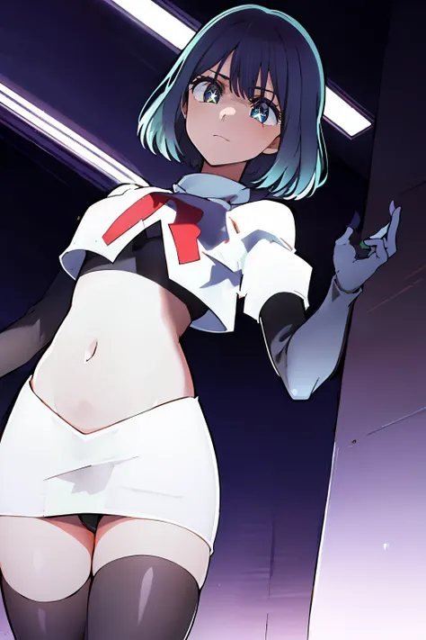 kurokawaakane(1zgame),1girl, solo,stage,looking at viewer,8k, beautiful lighting,symbol-shaped_pupils, sparkling_eyes, star-shaped_pupils, star_(symbol), team rocket,team rocket uniform,white skirt,crop top,black thigh-highs,black elbow gloves