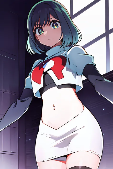 kurokawaakane(1zgame),1girl, solo,stage,looking at viewer,8k, beautiful lighting,symbol-shaped_pupils, sparkling_eyes, star-shaped_pupils, star_(symbol), team rocket,team rocket uniform,white skirt,crop top,black thigh-highs,black elbow gloves