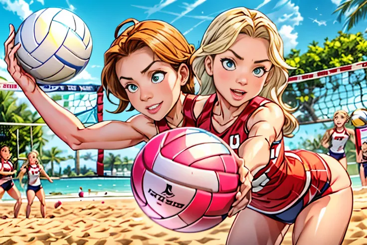 realisticlying、43-year-old female beach volleyball player hitting a volleyball with her hand,  volleyball action shot,,Blonde long wavy hair with pink highlights 、 Super Fit Volleyball Wear、Wearing volleyball shortreasts enlarged、A sexy、Smile、Sexy poses on...