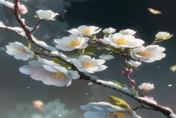 There is a picture of the branches of a flowering tree, beautiful digital artwork, Beautiful digital painting, white flowers, Digital painting is very detailed, highly detailed digi绘画, very detailed digi, beautiful digital art, sakura flowers, very beautif...