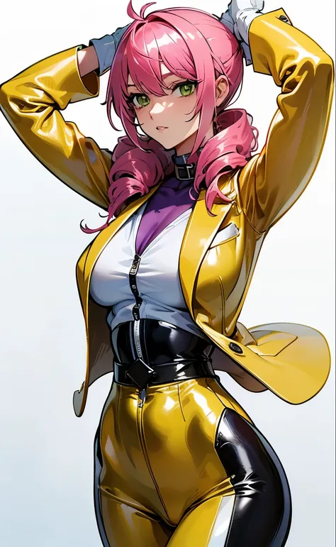 masterpiece, best quality, 1girl, drill hair, pink platinum hair, ((yellow suit:1.4)), ((white collar)), gray gloves, slender wa...