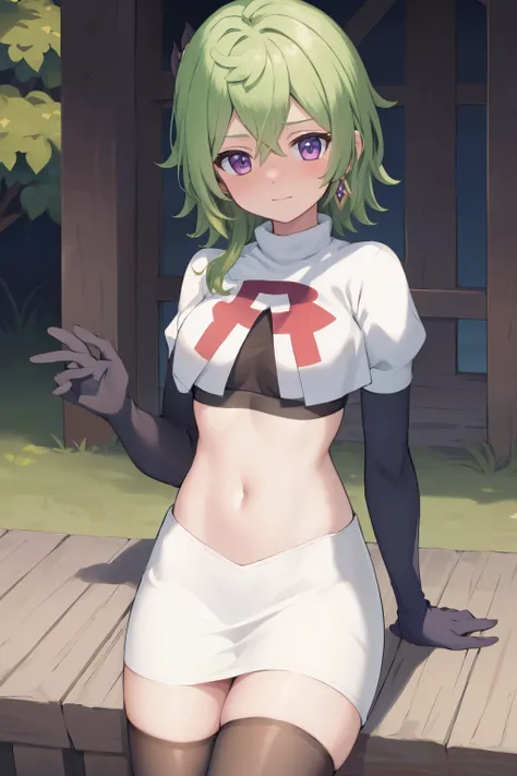 colleidef, blush, outdoors, short hair, team rocket,team rocket uniform,white skirt,crop top,black thigh-highs,black elbow gloves