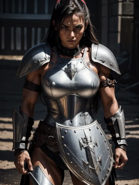 (best quality,highres:1.2),ultra-detailed,female warrior,shield,armored,brave,strong,confident,standing tall,determined expression,powerful poses,warrior stance,background of warzone,dark and moody lighting,blurred smoky atmosphere,fierce and intense,muscu...