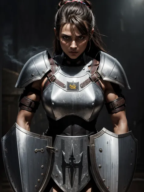 (best quality,highres:1.2),ultra-detailed,female warrior,shield,armored,brave,strong,confident,standing tall,determined expression,powerful poses,warrior stance,background of warzone,dark and moody lighting,blurred smoky atmosphere,fierce and intense,muscu...