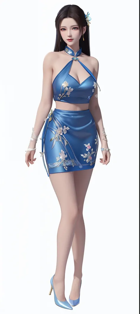 arafed woman in a blue dress and high heels posing, render of april, glamorous jill valentine, full body xianxia, full body picture, in a blue qipao, full body female, female full body, render of mirabel madrigal, standing elegant pose, wearing a blue qipa...