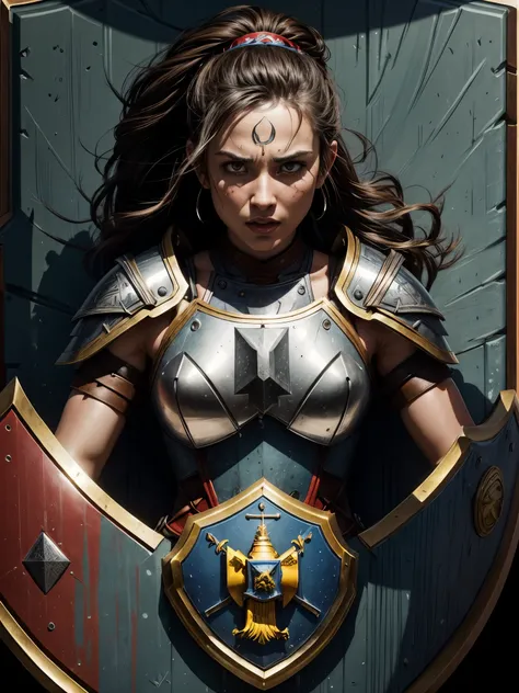 best quality,ultra-detailed,professional,portrait,(female warrior),(detailed armor),sharp focus,(intense expression),vivid colors,(dramatic lighting),(battlefield background),(strong and powerful),(((a gorgeously decorated shield))),physically-based render...