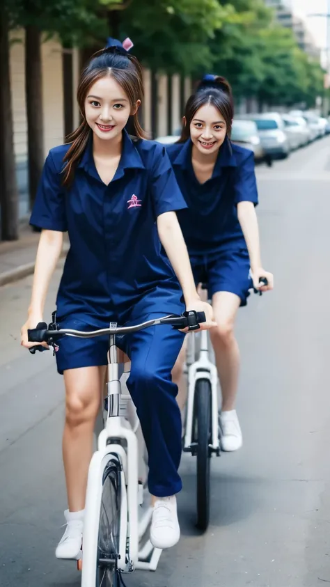 2 girls riding bicycles, Navy blue short-sleeved shirt,Navy Long Trackpant,Sweatpants, Sweatpantsขายาว,25 year old girl, lesbian, sexy, exercise clothes