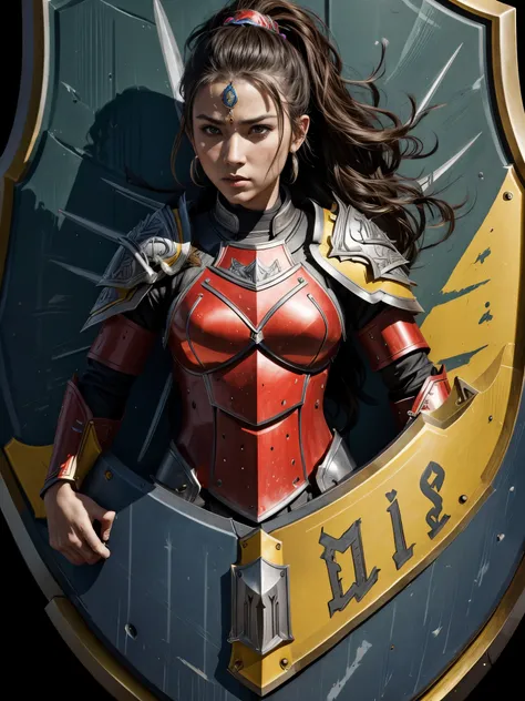 best quality,ultra-detailed,professional,portrait,(female warrior),(detailed armor),sharp focus,(intense expression),vivid colors,(((a gorgeously decorated shield))),physically-based rendering