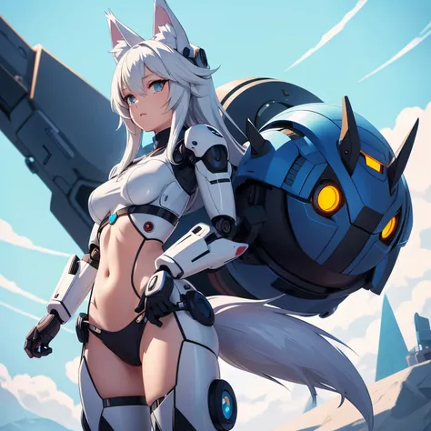 Anime image of a robot girl who has a robotic body, is in underwear and has wolf ears and a tail.