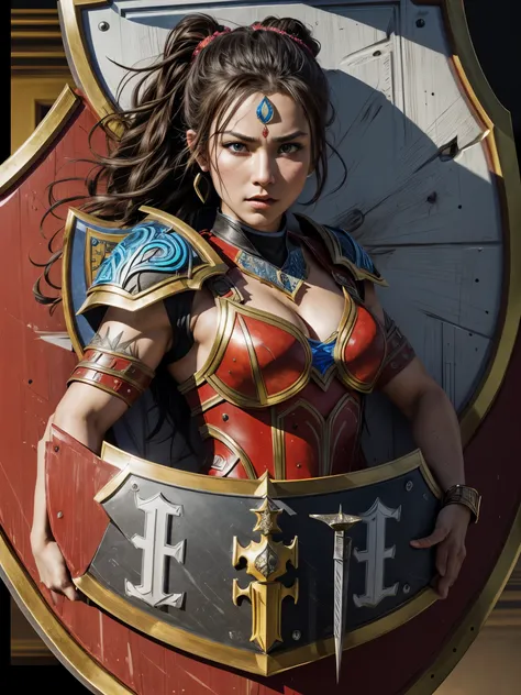 best quality,ultra-detailed,professional,portrait,(female warrior),(detailed armor),sharp focus,(intense expression),vivid colors,(((a gorgeously decorated shield))),physically-based rendering