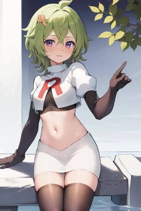 colleidef, blush, outdoors, short hair, team rocket,team rocket uniform,white skirt,crop top,black thigh-highs,black elbow gloves